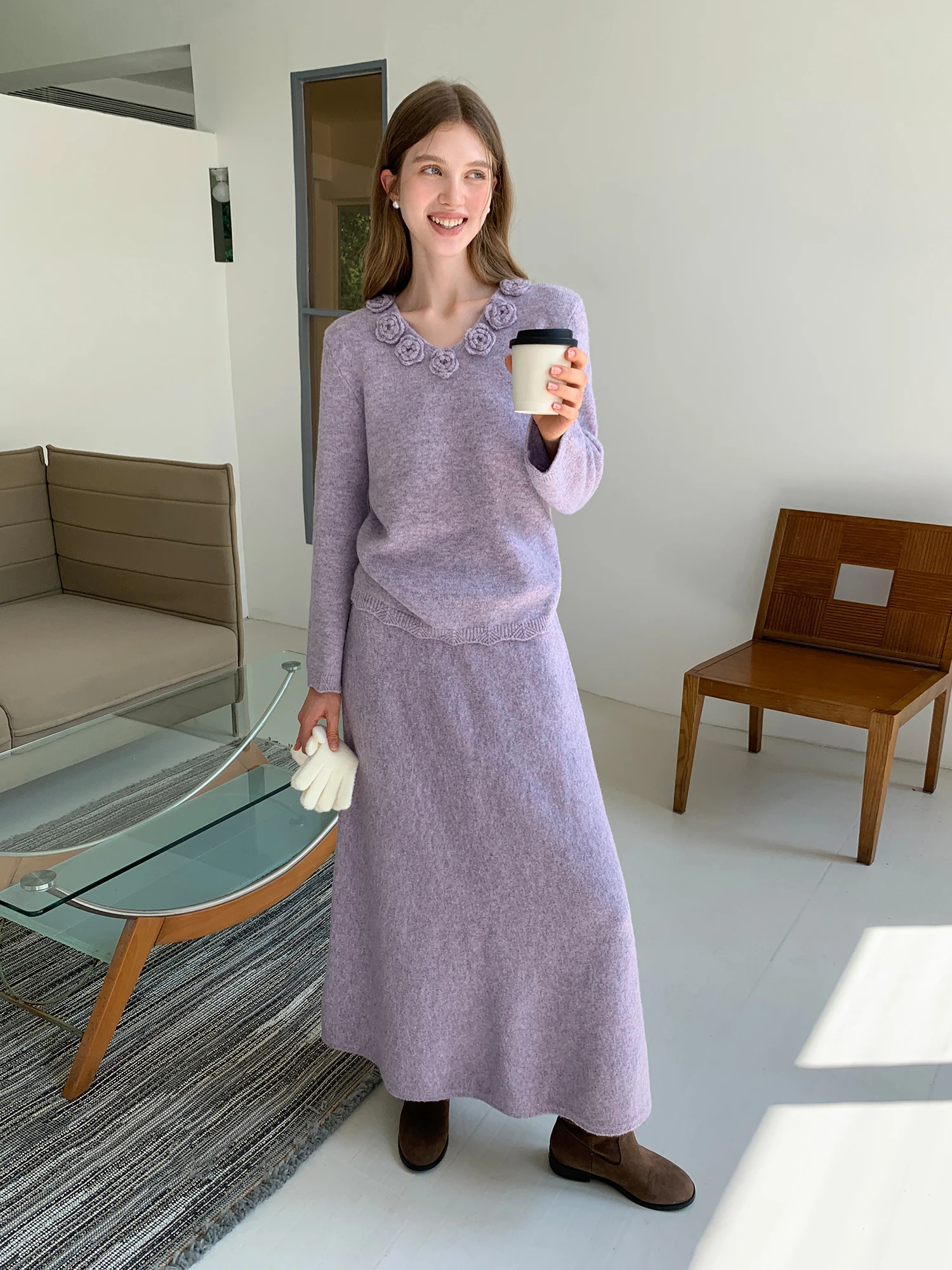 

Eggka Purple 3D Flower V-Ne Knitted Sweater High Waist Skirt Faionable Soft Acrylic Long Sve Women's Winter Clothes