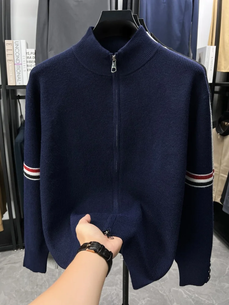 

Men's Luxury Printed Zipper Cardigan Sweater Jacket High End Brand Autumn Winter Fashion 3-bar Korean Thick Knit Coat Menswear