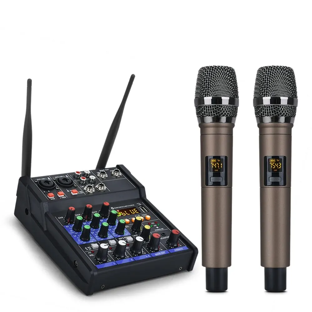 

4-Channel Audio Mixer Console with Wireless Microphone Kit Sound Mixing Bluetooth USB Input DJ Mixer
