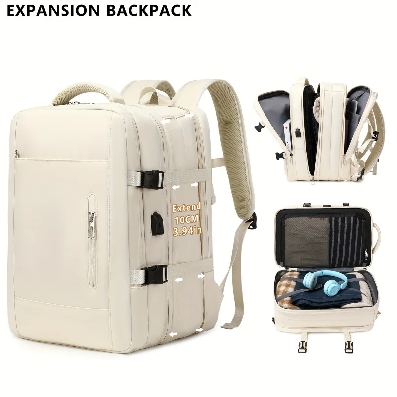 Beige Expandable Backpack, 10cm Extend Waterproof Travel Laptop Bag with TSA Anti-Theft Lock for Business Trip Daily Commute