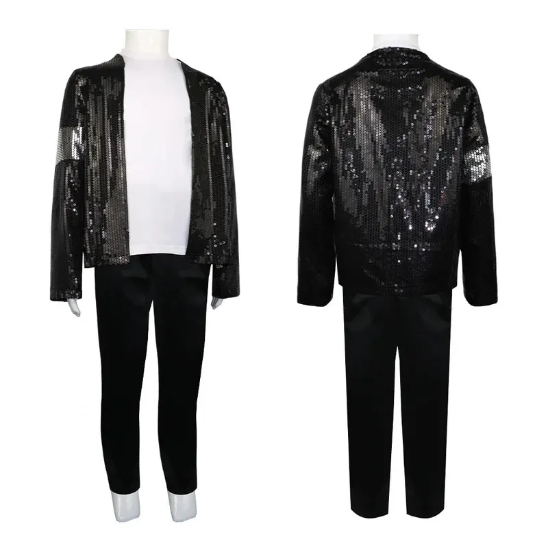 qq273Disfraz de Michael Jackson para niños y adultos, sombrero, guantes, gafas, traje para hombres y mujeres, ropa de actuación de cantante de escenario para Halloween