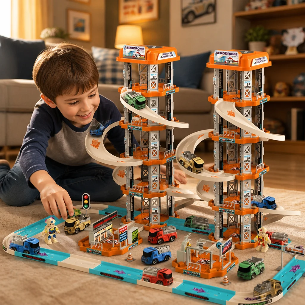 Boys' large five story parking lot toy, children's rail car toy set, suitable for boys' birthday gifts (random color)