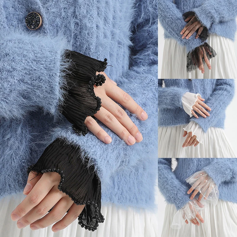 

1 Pair Korean Double Layer Fake Flared Sleeves Women Lace Pleated Ruched False Cuffs Girls Sweater Blouse Wrist Warmers