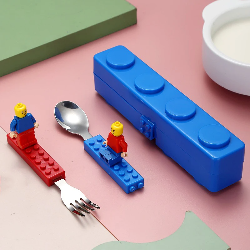 Portable Cutlery Children Set Fun Building Block Kids' Fork & Spoon Set Stainless Steel Lunch Box Cutlery Set DCS005