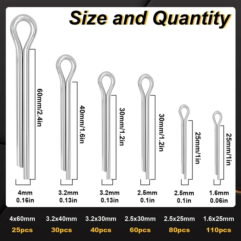345Pcs 304 Stainless Steel Cotter Pin Assortment Kit M1.6/M2.5/M3.2/M4 6 Sizes For Car,Lawn Mowers Replacement Spare Parts image 4