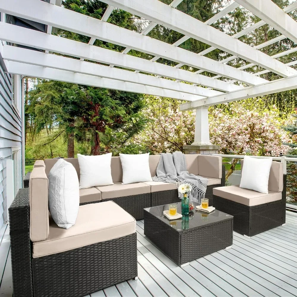 7 Pieces Outdoor Sectional Furniture,Wicker Patio sectional Furniture Sets,All-Weather Rattan Sofa Set with Coffee Table