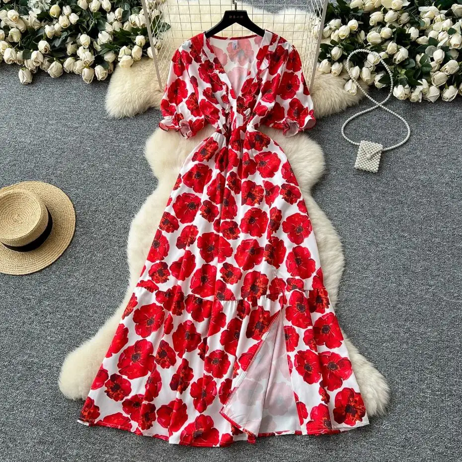 Boho vintage slim ผู้หญิงฤดูร้อน v คอดอกไม้พิมพ์ชุดยาวชายหาด vestido de festa elegant streetwear แยก vestidos