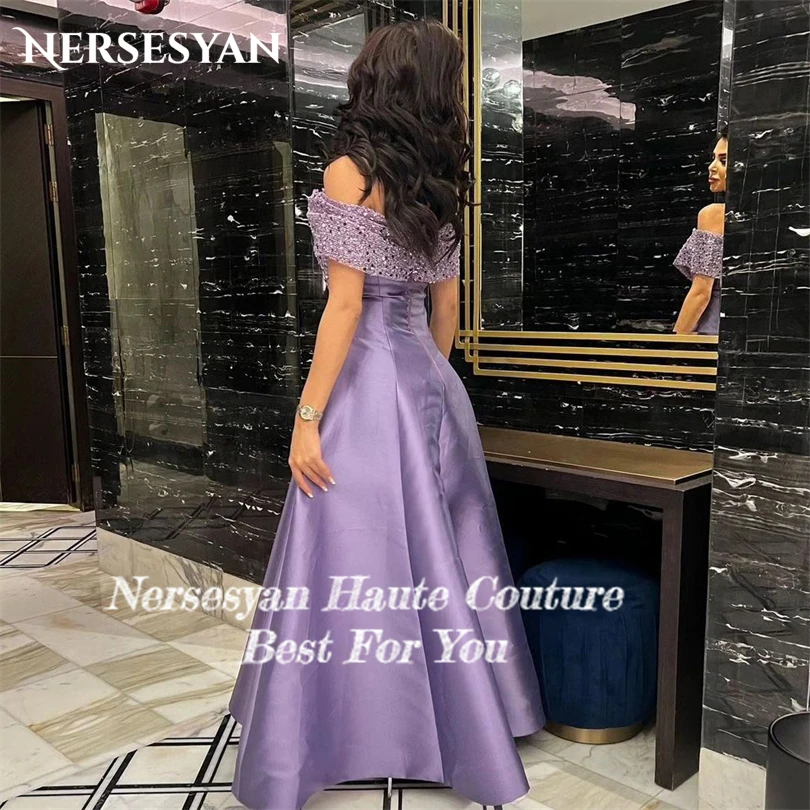 Nersesyan Purple Glitter Sequins Formal Evening Dresses Off The Shoulder Satin Sexy Prom Gowns A Line Long Vestidos De Fiesta