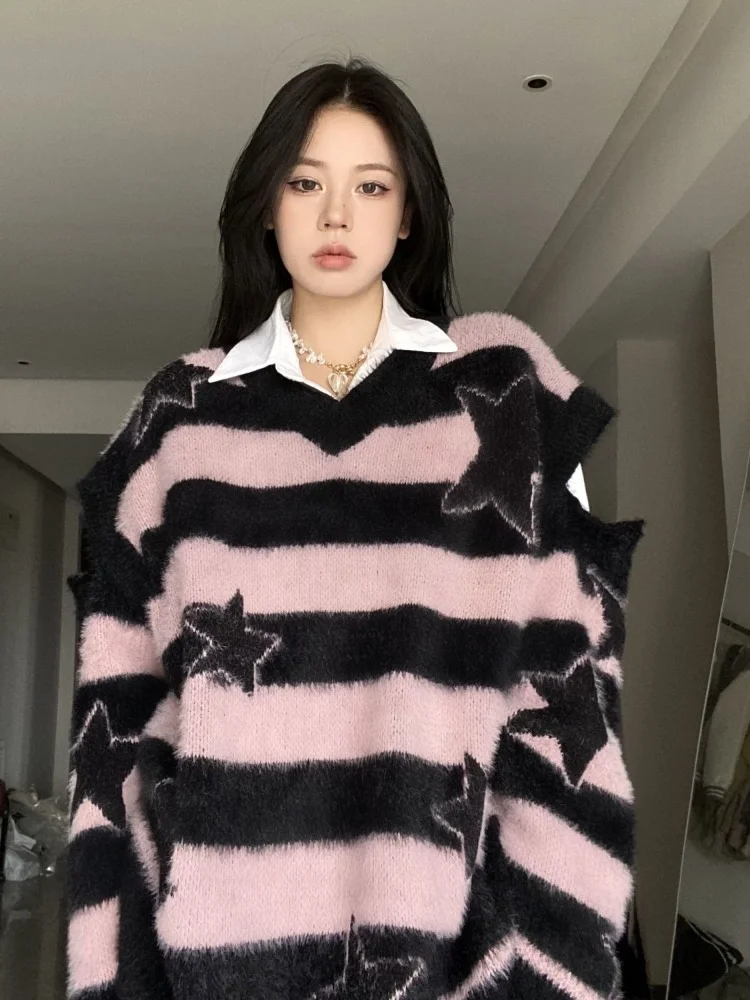 ADAgirl Harajuku Gestreifter Pullover Oversize Y2k Stil Rosa Abnehmbare Ärmel Star Print Pullover Gothic Winter Koreanische Alt Kleidung