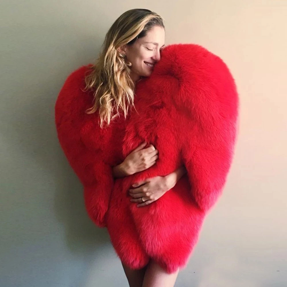 Stylish 3D Red Love Heart Shaped Cape Faux Fox Fur Thick Warm Celebrity Women Long Hairy Shaggy Coat Jacket Outerwear Winter Top