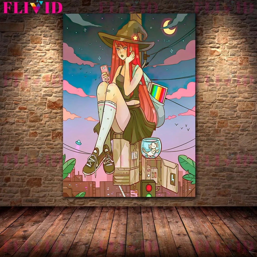 Mushroom Witch And Plague Doctor Vintage Wall Art Canvas Painting Lovely Moon Witch Poster And Print Home Decoration Unframed