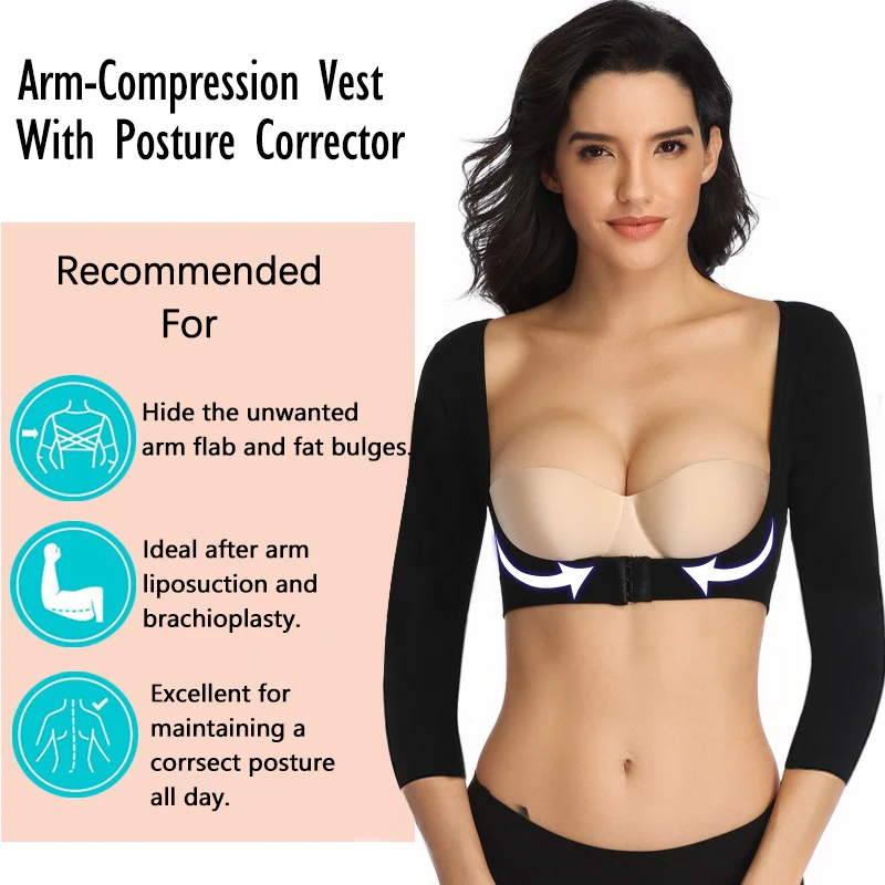 Upper Arm Shaper Post Surgical Slimmer Compression Sleeves Posture Corrector Tops Shapewear for Women 3/4 Sleeve Crop Top Nude