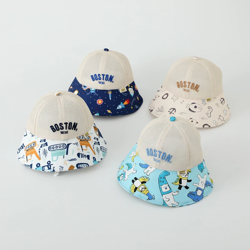 

2024 New Style Kids Mesh Sun Hat With Cartoon Print Breathable Baby Fisherman Hats Boys Girls Fashion Bucket Caps 1-5Y