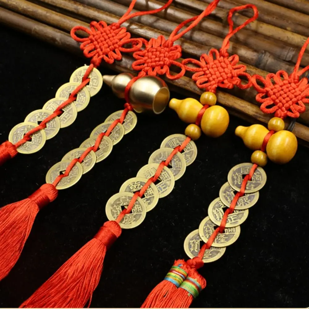 Handmade Gourds Chinese Knot Tassel Feng Shui Hu Lu Pendant with 5pcs Coins Wealth Success Lucky Charm Car Hanger Decors