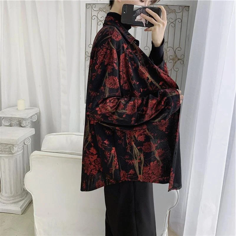 MEXZT Retro Chiffon Shirts Women Rose Floral Printed Long Sleeve Blouse Vintage Elegant Top Harajuku Loose Casual Oversized Coat