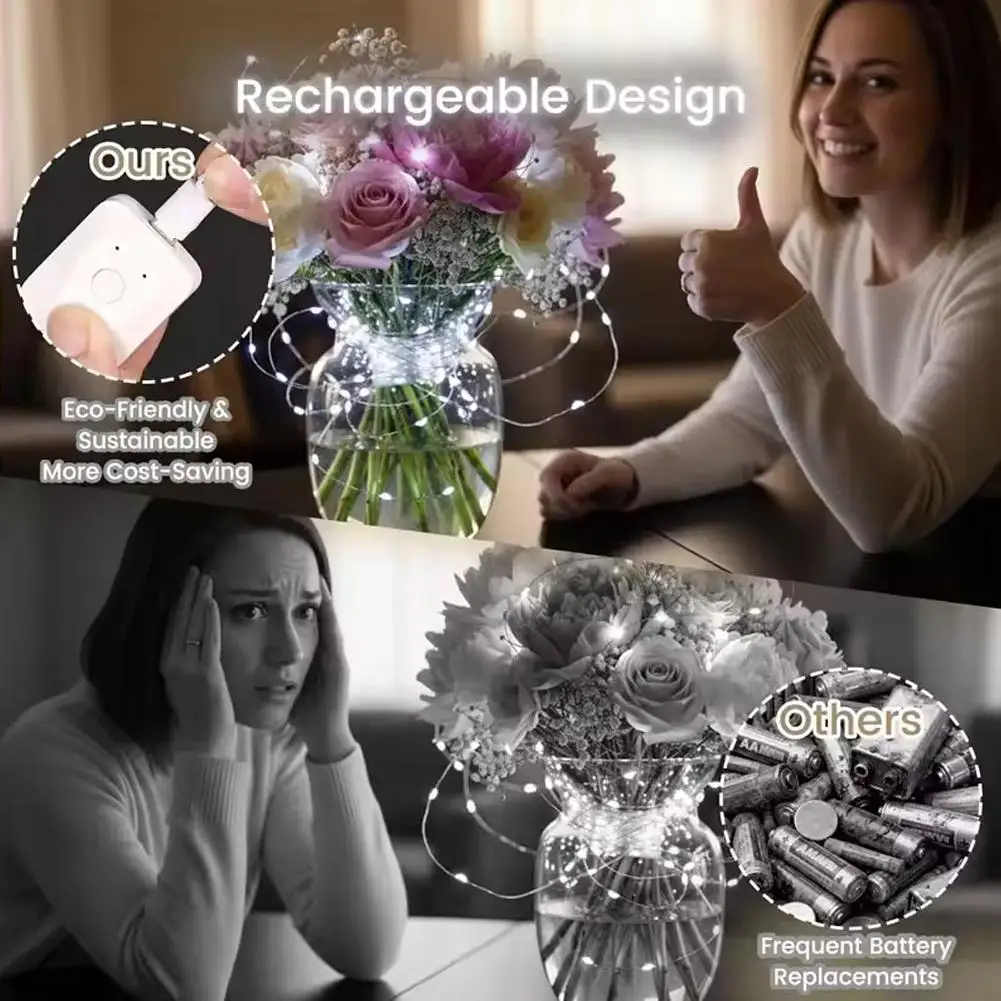 أضواء سلسلة LED قابلة للشحن أضواء الجنية وميض صغير النحاس ضوء انفصال تصميم هالوين الزفاف عيد الميلاد هدية ديكور