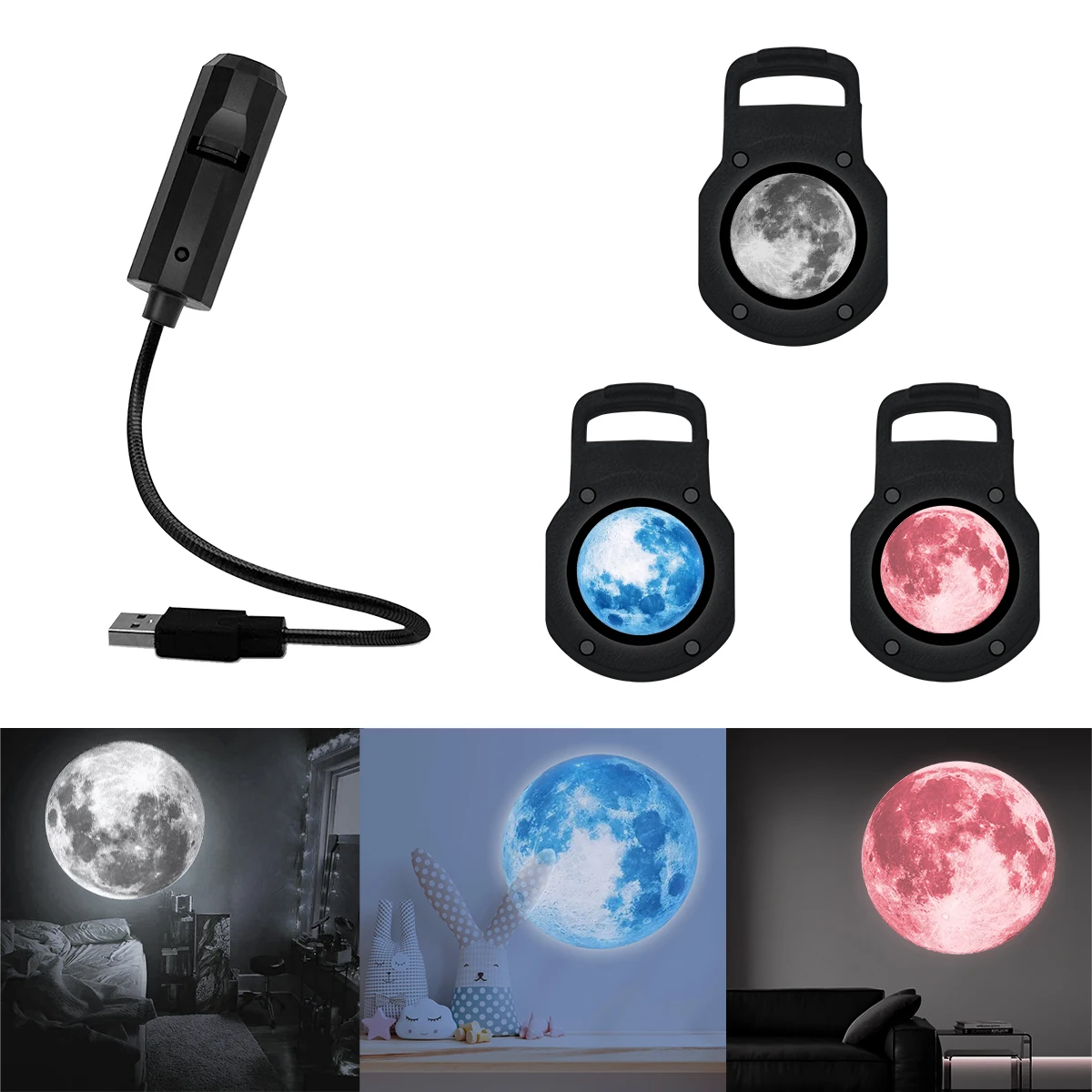 Three-color moon-changeable atmosphere light, LED starry sky projection light, USB interface electronic light