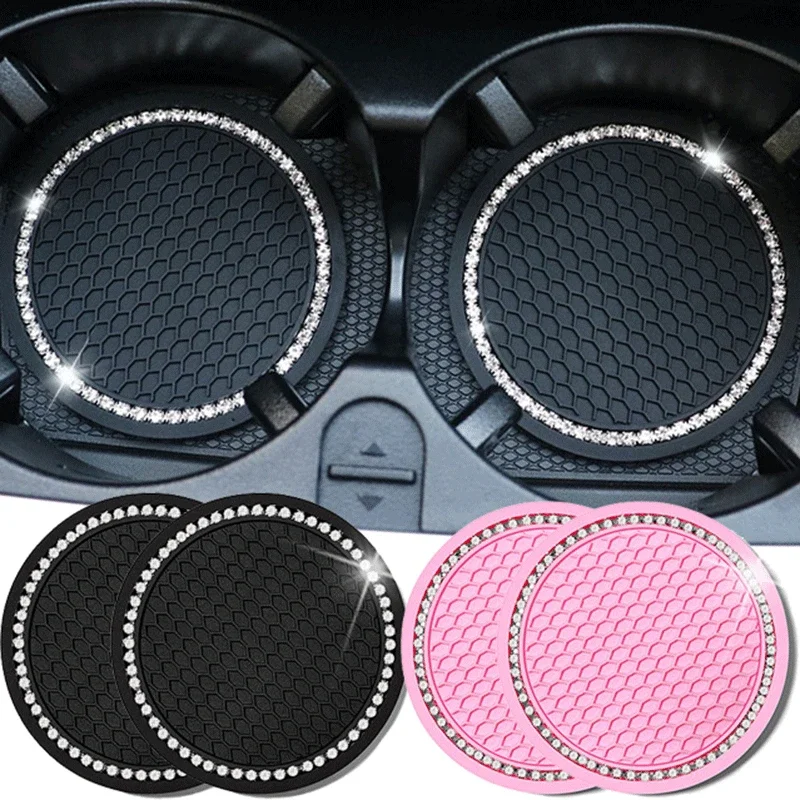 2pcs Non-slip Car Water Cup Pad Diamond Rhinestone Rubber Mat for Bottle Holder Coaster Auto Interior Anti-skid Cup Holders 7cm