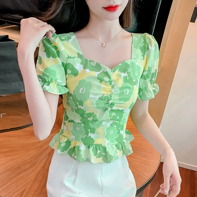 Zoet bedrukt shirt met korte mouwen voor dames Nieuwe trendy bubble-top met korte mouwen en een jeugdig en chic cropped ontwerp