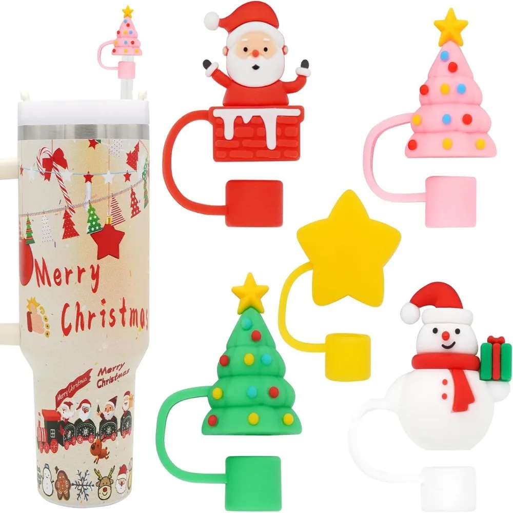 

1/5Pcs Christmas Straw Cover Cap Reusable 10mm Drinking Dust Cap Splash Proof Snowman Silicone Straw Topper