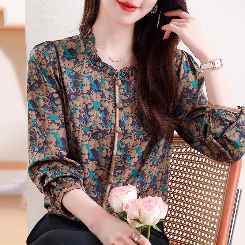 Women Summer Autumn Style Chiffon Blouses Shirt Ladies Chic Ruffles Collar Printed Casual Loose Tops Fashion Blusas Mujer 2024