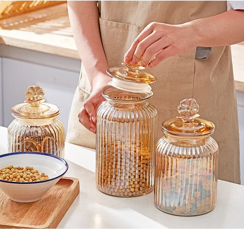 Kitchen Sealed Glass Jar Amber Glass Seasoning Jar Bottles Coffee Bean Candy Food Container Pantry Organizer Cereal Dispenser