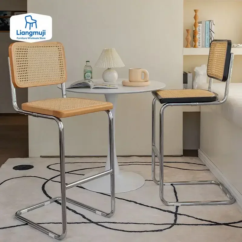 

Nordic Solid Wood Rattan Bar Chair Home High Stool Simple Retro Bar Chair Front Desk High Chair Furniture bar stools for kitchen