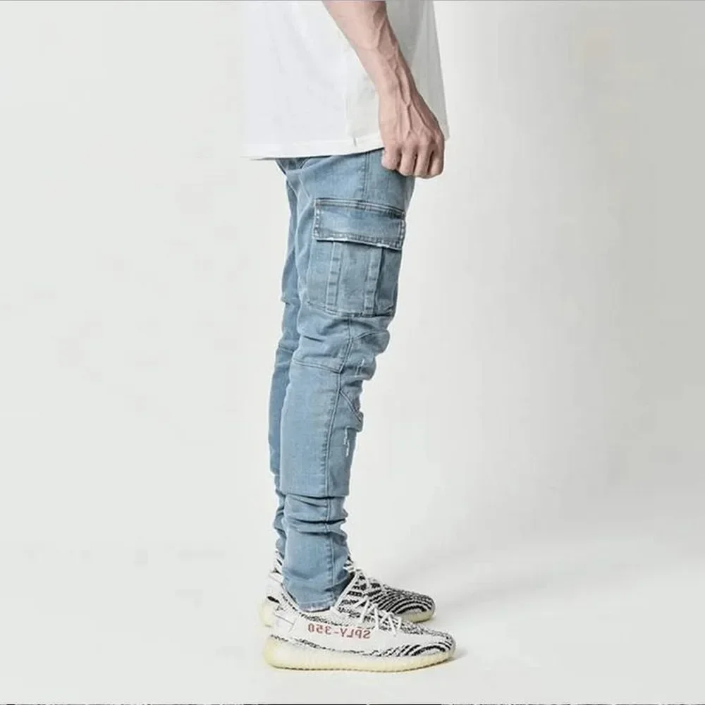 Skinny Men Jeans Denim Cargo Pants Wash Black Blue Multi Pockets Casual Mid Waist Trousers Slim Fit Daily Wear Joggers
