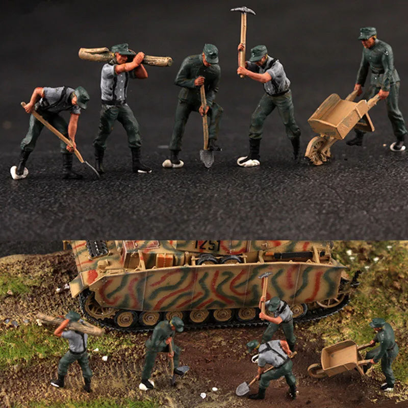 1:72 Scale 5 Pcs Action Figure Model German Logistics Obstacle Removal Team 5 Engineers Soldiers Dolls Toys DIY Scene Accessory