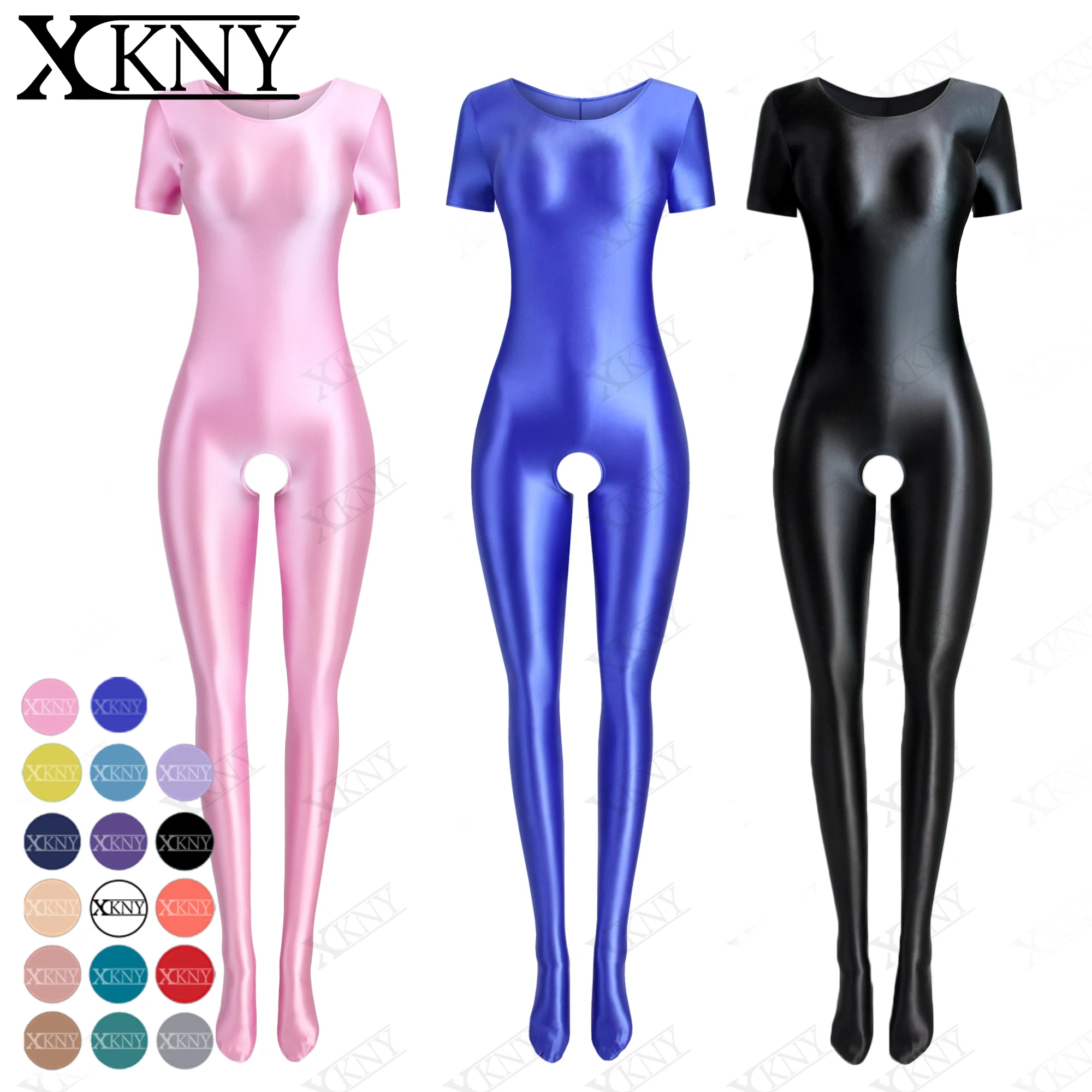 XClocKNYoung satin glossy tights short sleeve open crotch full body tights smooth Yoga sportswear Wetsuit Bathing XCLockNYoug