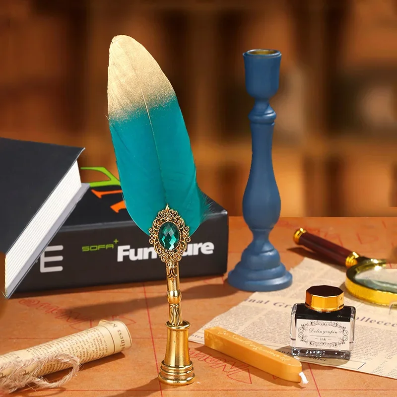 Retro Vintage Calligraphy Feather Dip Pen Fountain Pens Writing Ink Set Stationery Quill Creative Pen Wax Sealing Stamp Kit