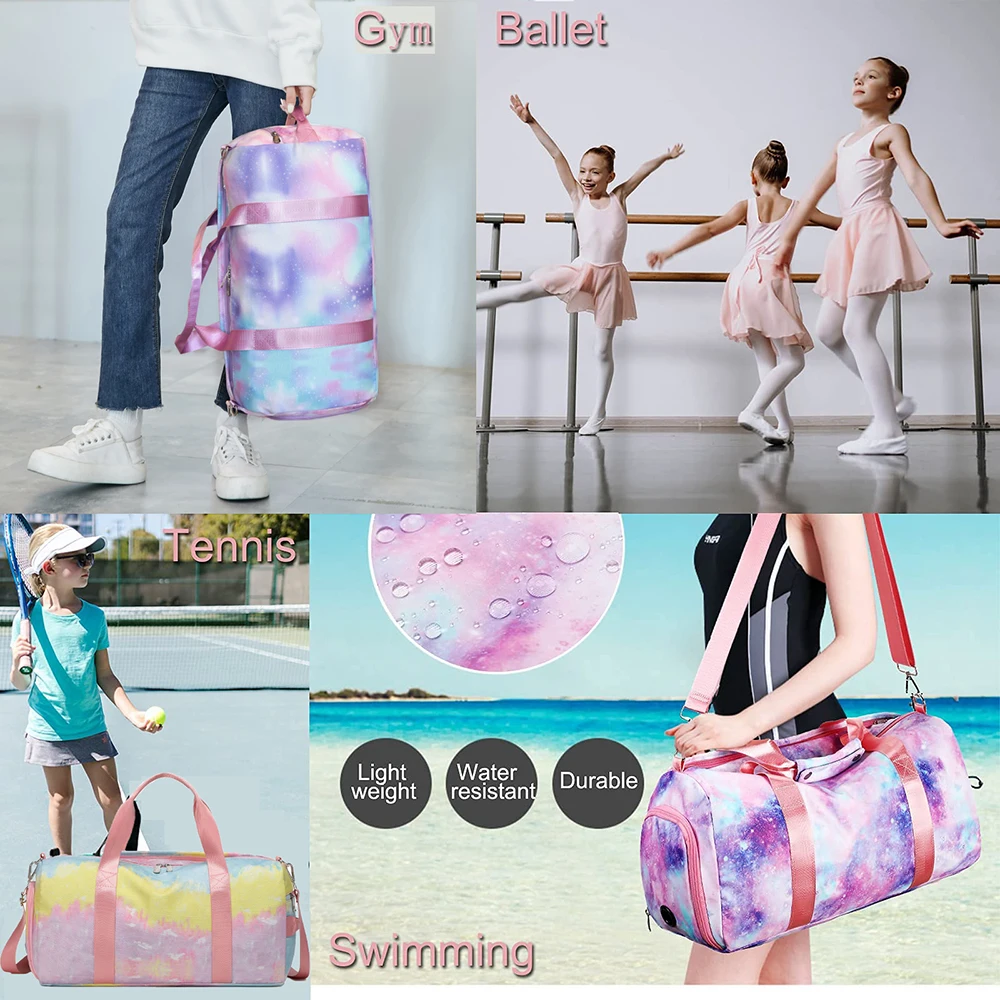 Kids Duffle Bag For Girls Teens Gymnastics Gym Bag Kids Dance Bag Shoe Compartment Wet Pocket Weekender Overnight Sports