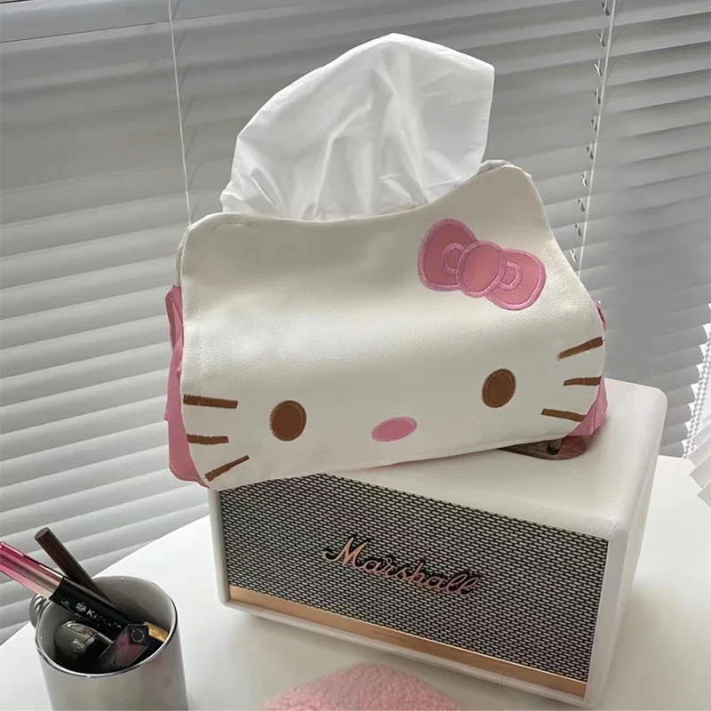 MINISO Sanrio Hello Kiity Kotak Serbet Kertas Kartun Kt Kotak Tisu Kucing Lucu Kulit PU Kotak Penyimpanan Kertas Rumah Mobil Hadiah Anak Perempuan