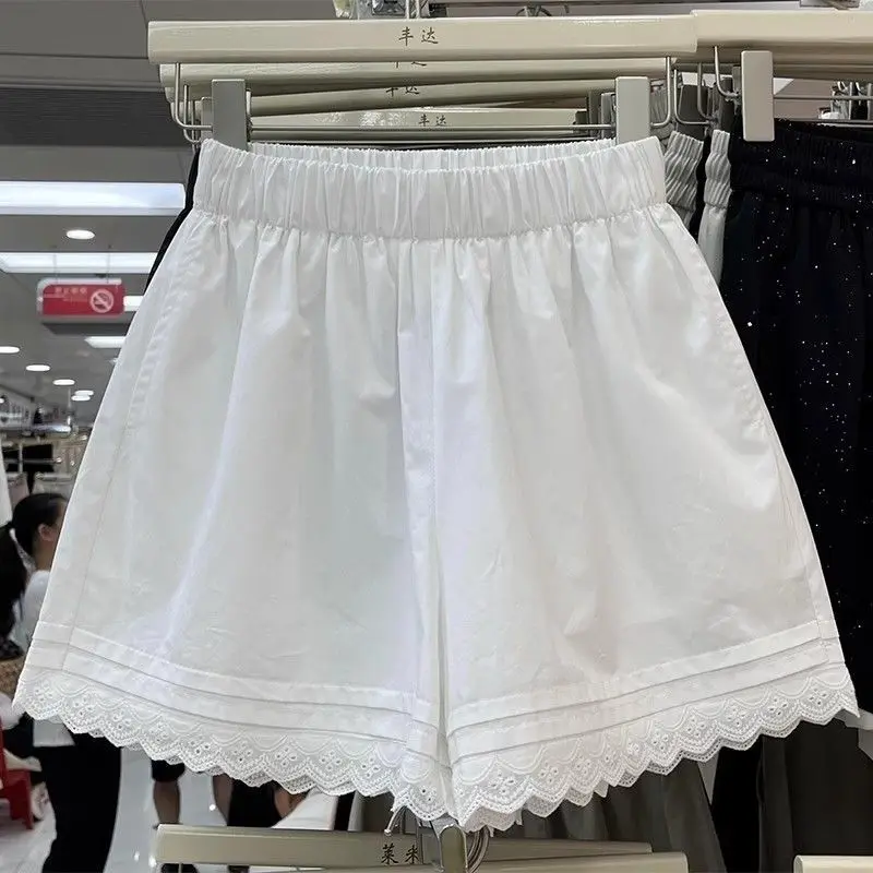 Wide Leg Shorts for Women Lace Trim Patchwork High Waisted Thin A Line Pockets Shorts Comfortable Home Outdoor Bottoms Shorts
