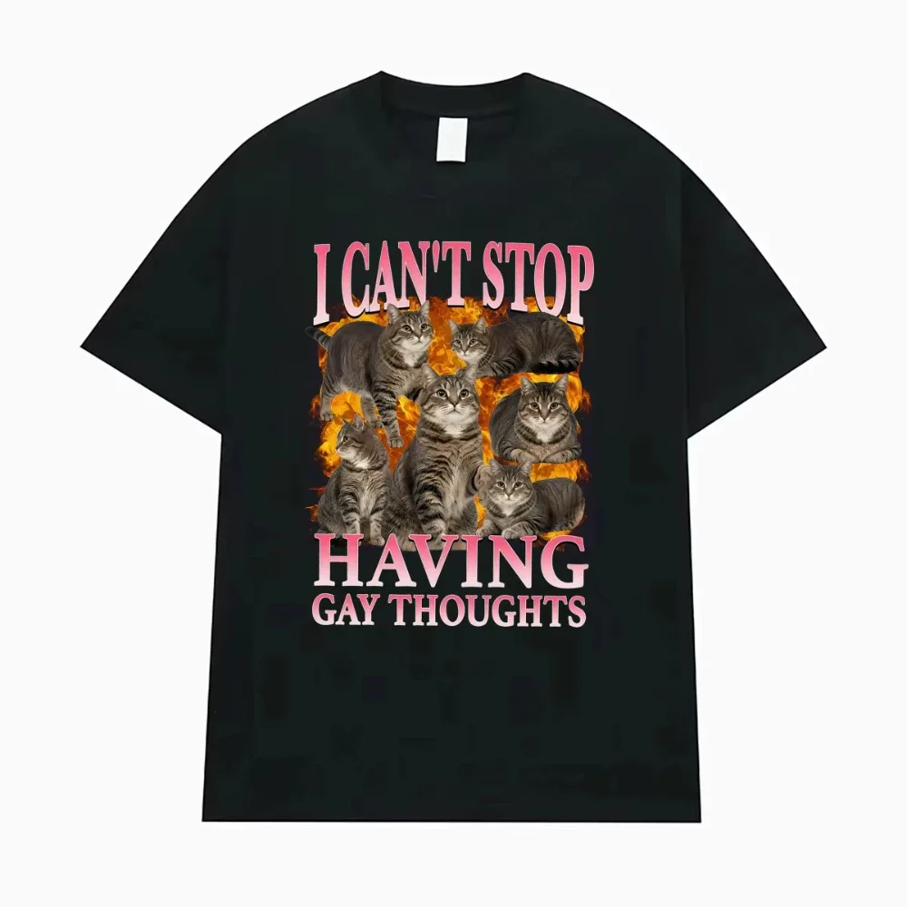 I Can't Stop Having Gay Thoughts Funny Cat Meme Graphic Tee Shirt Men's Women Vintage Casual T Shirt High Quality Cotton T-shirt