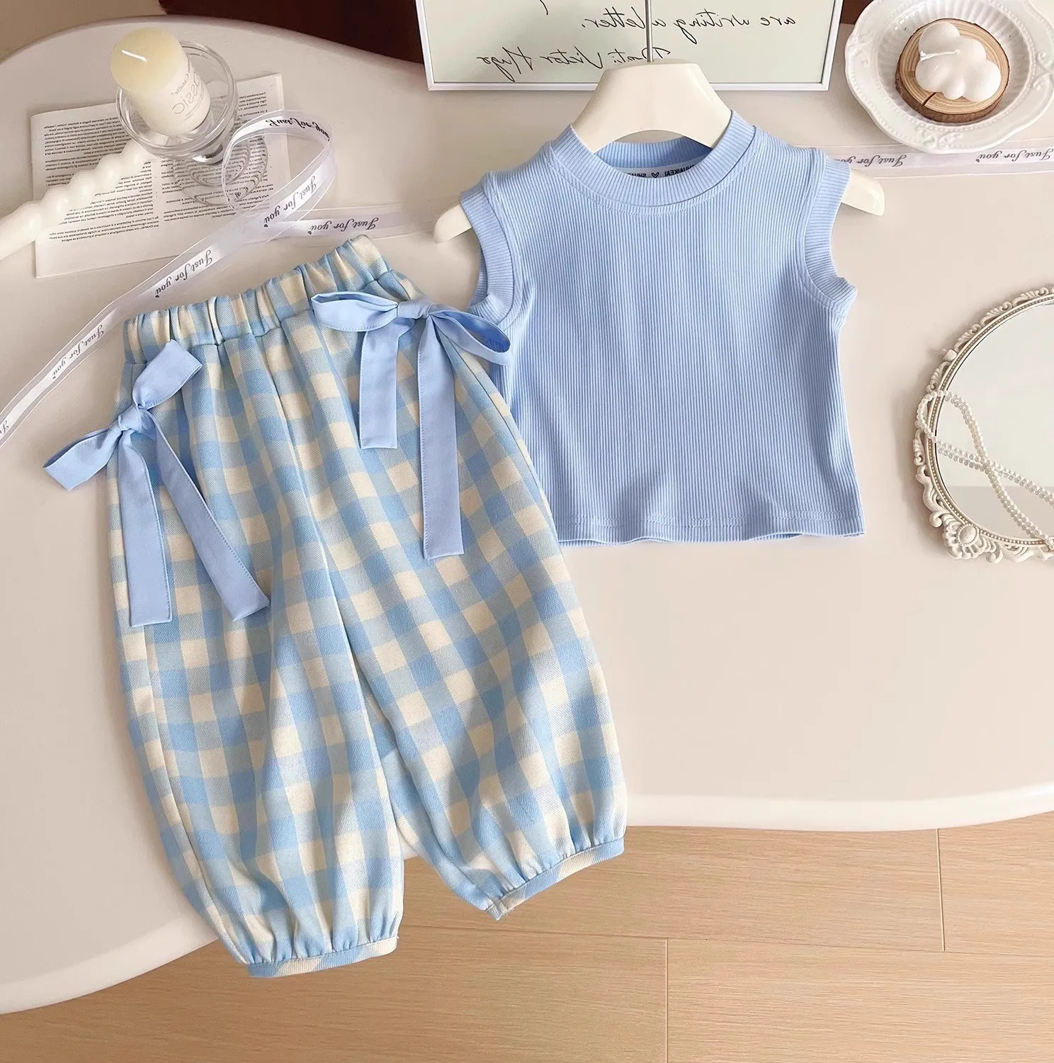 WOOFOO 2-8 Years Girls Sleeveless Sets Children's Clothing Solid T-shirt +Plaid Pants + Bag 3Pcs Suits Baby Fashion Knotbow Out
