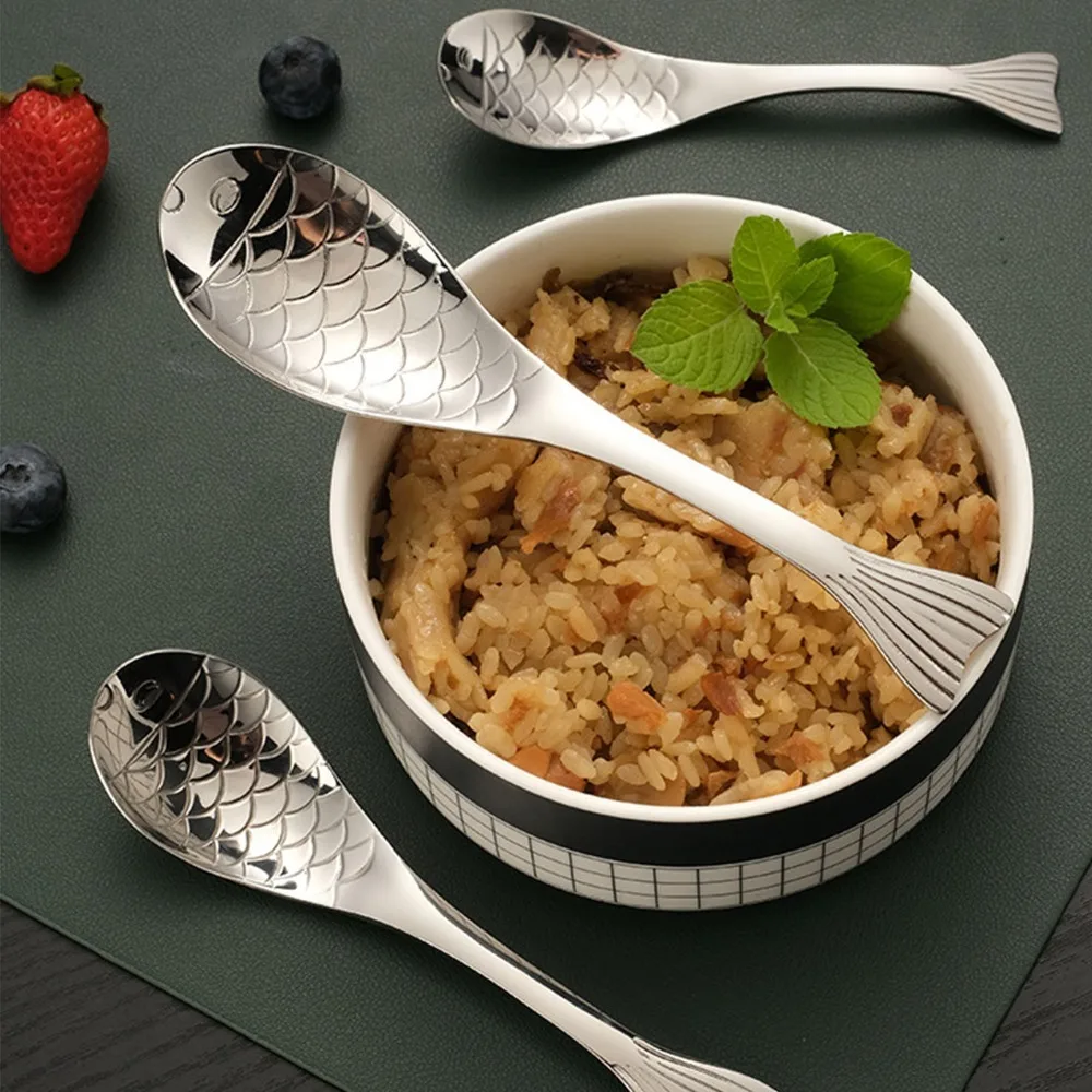 4Pcs Thickened Creative Spoon Exquisite Carp Pattern Tableware Spoon One‑piece Rustless Steel Dessert Spoon Table Decoration