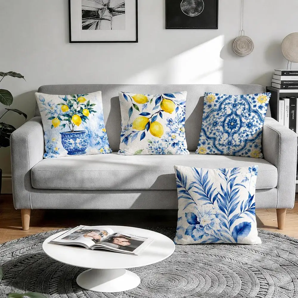 Blue Porcelain Lemon Print Cushion Cover Natural Breathable Durable Linen Printed Decor Pillow Case Sofa Bedroom