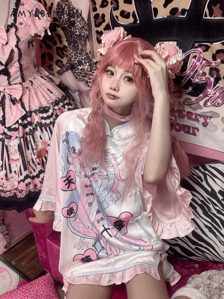 Subculture Two-dimensional Animation Printed Half-sleeved New Chinese Dress Elastic Waist Shorts Gothic Two-piece Set Women