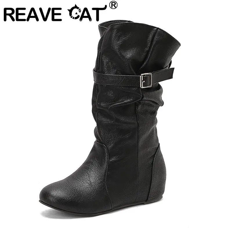 

REAVE CAT 2025 Женские повседневные ботинки до середины икры с круглым носком, каблук 4 см, молния, пряжка ремня, большой размер 42, 45, 46 47 48 49 50, коричневый, черный