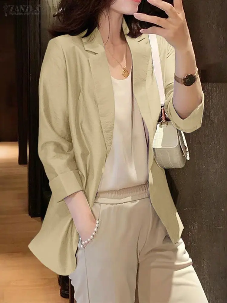ZANZEA Women's Textured Blazer 2025 Autumn Notched Lapel Long Sleeve Solid Color Lightweight Suit Coats Elegant Office Commuting