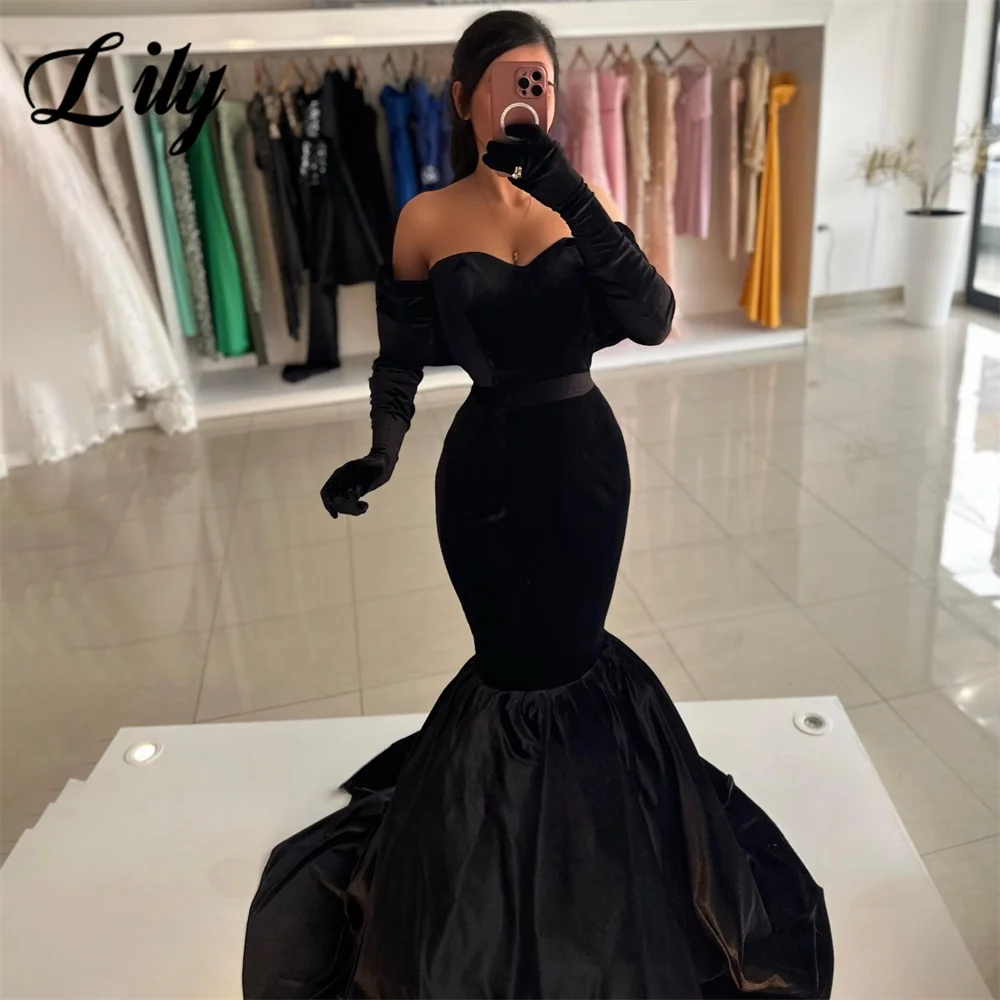 Lily Black Long Sweetheart Party Dresses Trumpet Off The Shoulder Pleat Night Dresses Stain Celebrity Dresses vestidos de fiesta