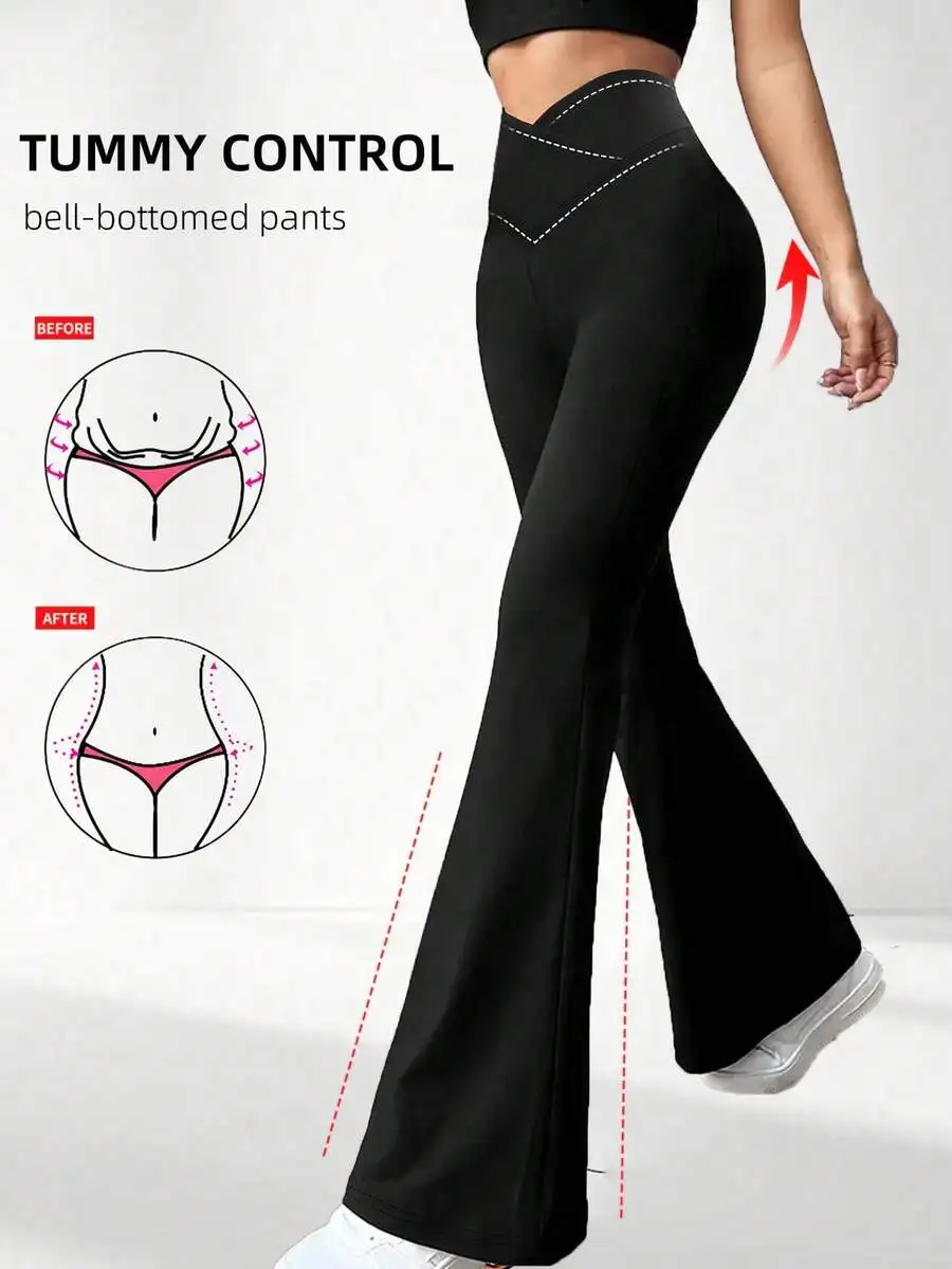 

Women Cross Waist Flare Pants High Elastic Sports Yoga Casual Long Pants Solid Color Tummy Control Leggings Suitable For Fitness