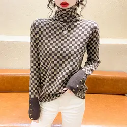 Women's High Collar Autumn and Winter Pullover Plaid Long Sleeve Button Slim Bright Line Decoration Fashion Knit Sweater Tops