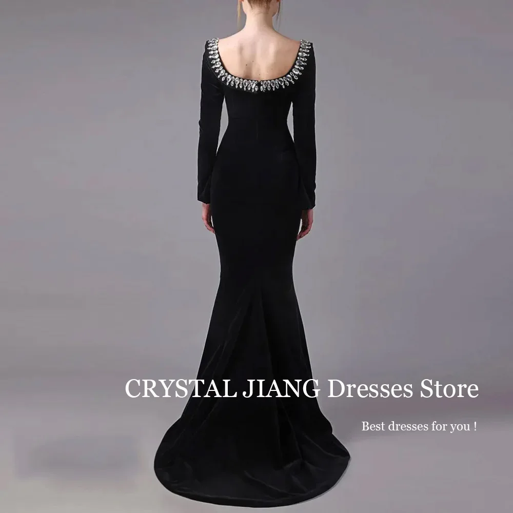 Customized Classy Long Black Square Collar Crystal Evening Dresses Full Sleeves Mermaid Sweep Train Vestidos De Noche