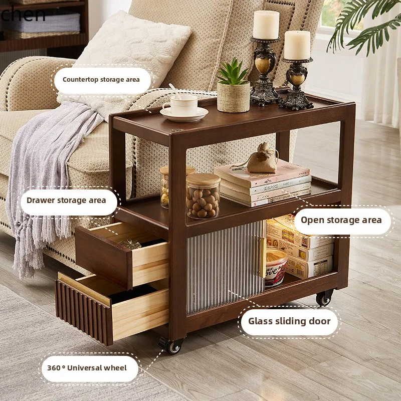 YFY  solid wood wheeled coffee table storage side table tea table narrow side cabinet living room storage cart