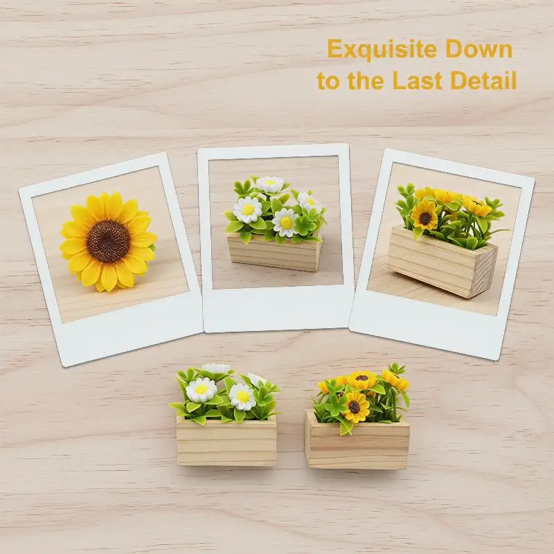 1Pc Mini Wooden Box Sunflower Potted Plant Realistic Green Floral Decor for Dollhouse Living Room Bedroom Tabletop Decoration