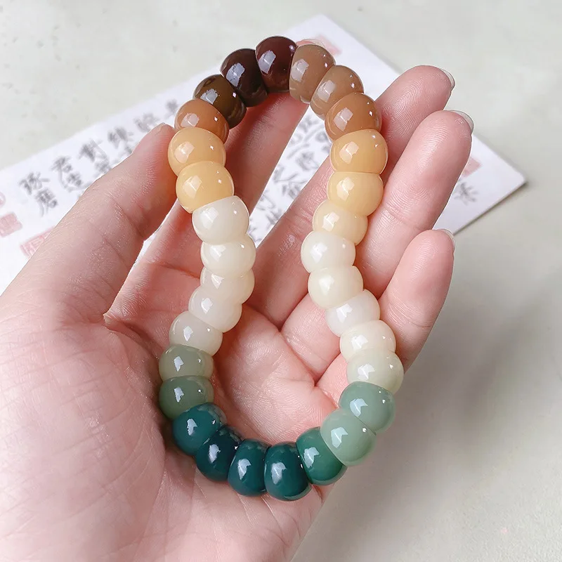 White Jade Bodhi Root Oblique Cut Pig Large Intestine Bracelet Rainbow Two-color Gradient Pig Large Intestine Handstring For Men