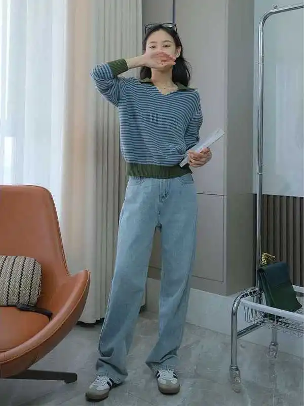 

Джинсы Xiaoxia Cabinet 2K с высокой талией, свободного прямого кроя, с широкими штанинами, удлиненные, женские, премиум-деним, для среднего возраста, большие размеры