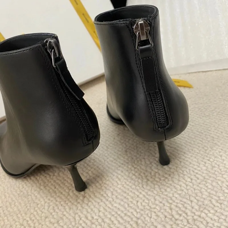 Top Quality Small Square Toe Cat Heel Calfskin Short Boots for Women